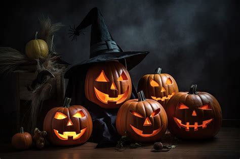 Premium AI Image Halloween Pumpkins With A Witch Hat And A Witch Hat