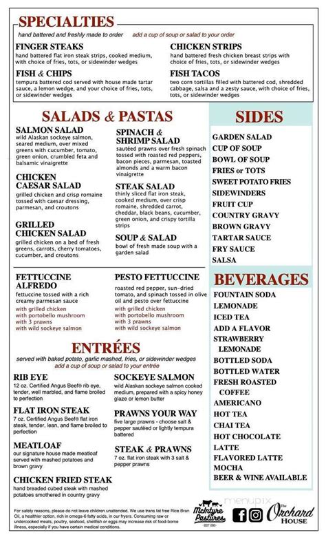 Menu Of The Orchard House In Caldwell Id 83607
