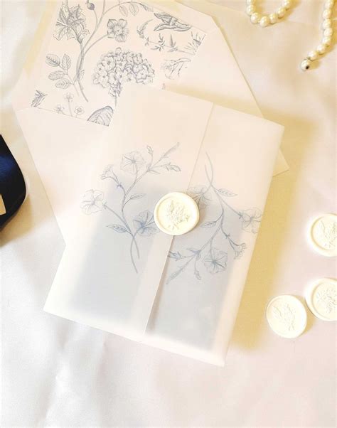 Vellum Wedding Invitation Vellum Jacket With French Blue Flowers