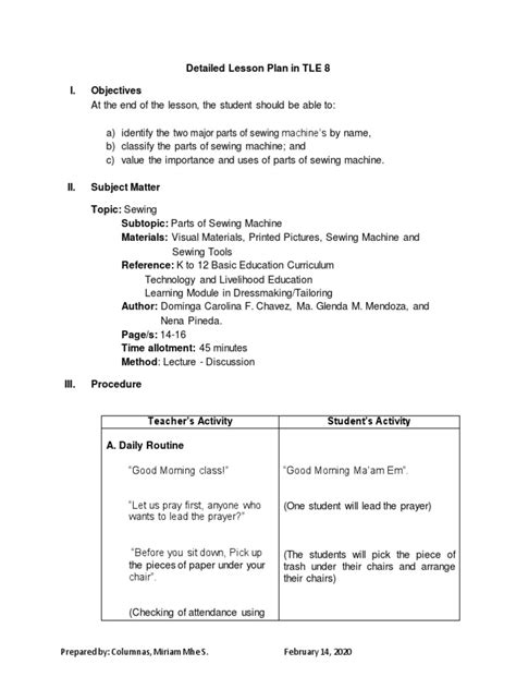 Detailed Lesson Plan In Parts Of Sewing Machine Pdf Sewing