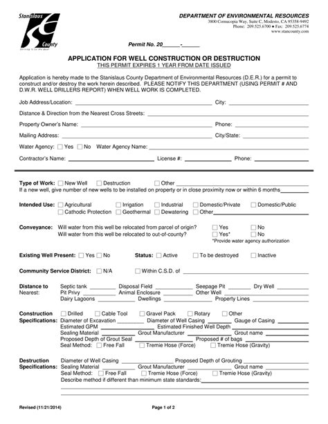 Stanislaus County California Application For Well Construction Or