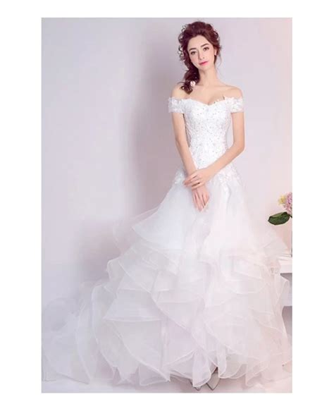 Cascading Ruffle Lace Beading Wedding Dress With Off Shoulder Straps