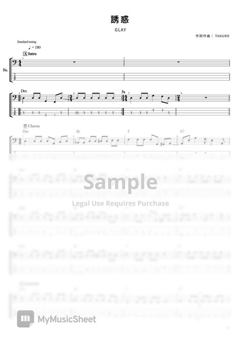 GLAY 誘惑 Bass Tab 4 strings Tab 단선 악보 by T s bass score