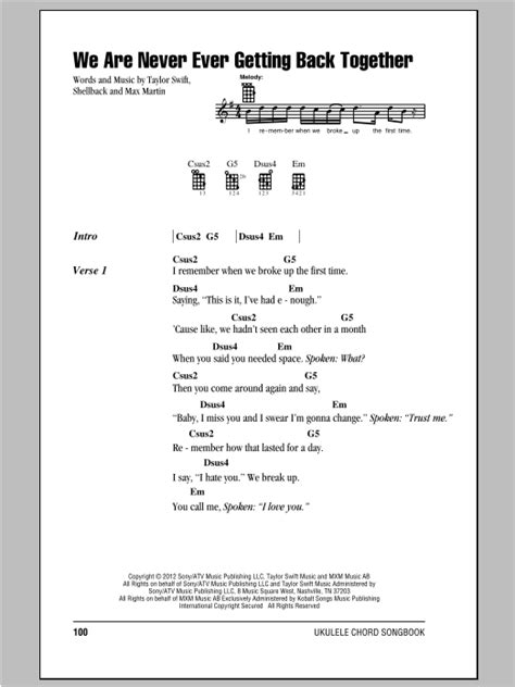 We Are Never Ever Getting Back Together By Taylor Swift Sheet Music For Ukulele Chordslyrics At