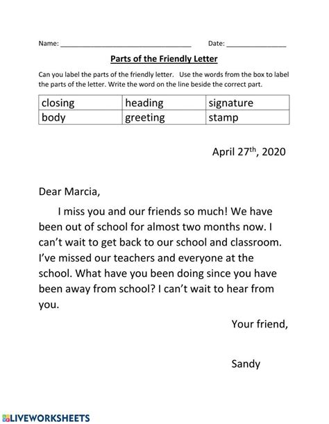 Label The Parts Of The Friendly Letter Worksheet Live Worksheets Worksheets Library