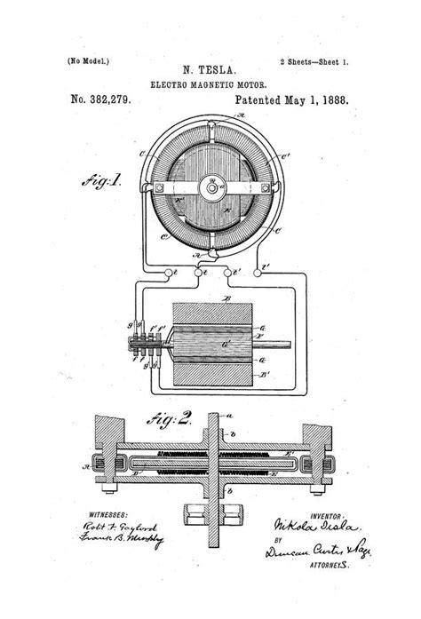 Electro Magnetic Motor Nikola Tesla Patent Drawing From Black