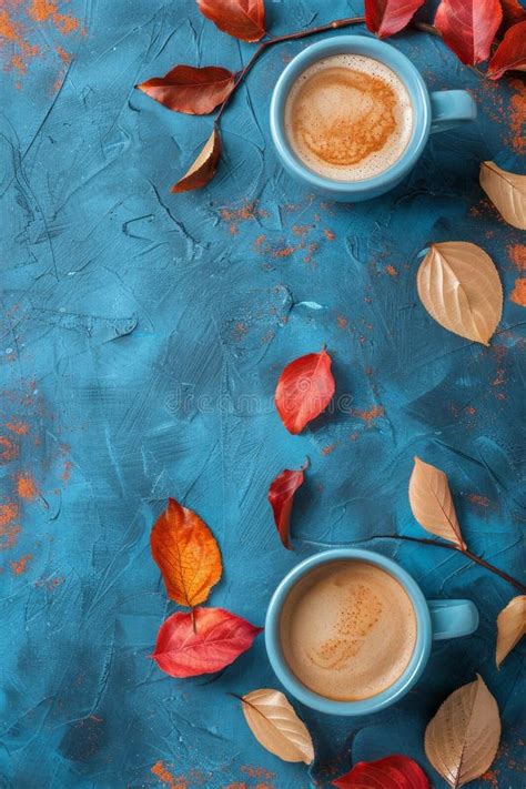 Two Cups Of Coffee With Autumn Leaves On Blue Background Stock Image