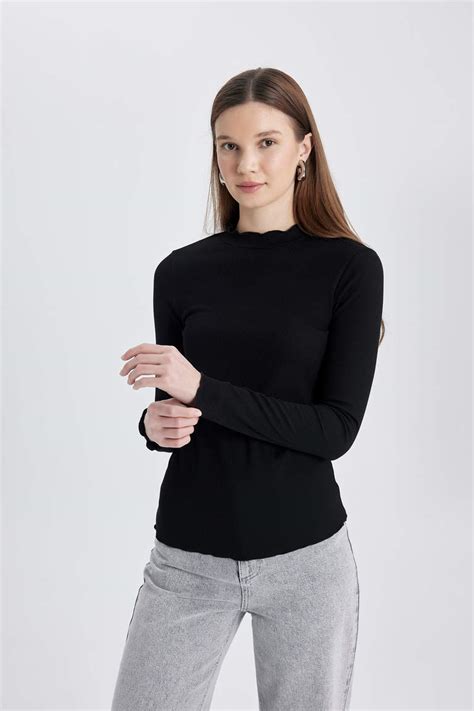 Schwarz Damen Slim Fit Langarm Tunika Mit Hohem Kragen Defacto