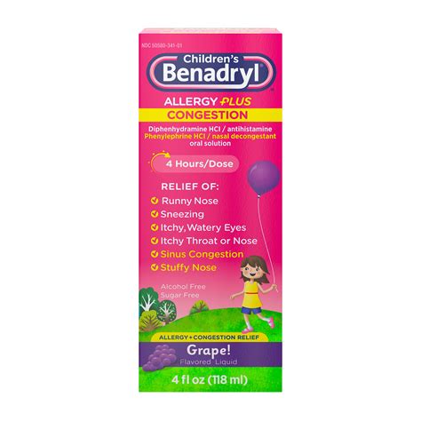 Childrens Benadryl Allergy Plus Congestion Liquid Grape 4 Fl Oz