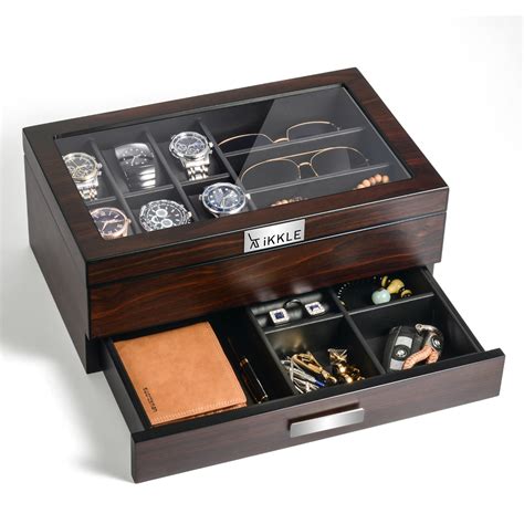 Ikkle Watch Box Organizer For Men And Women Luxury Wooden Watch Jewelry Box With Valet Drawer