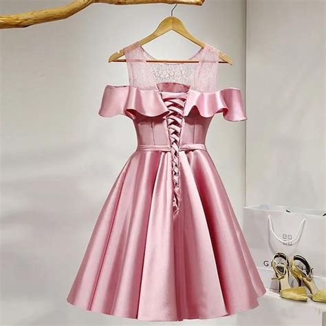 Pink Short Cocktail Dresses 2017 A Line Mini Elastic Satin Lace Jewel Neck Backless With Short