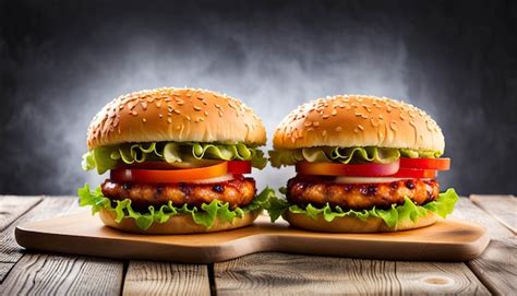 Dos Hamburguesas En Una Mesa De Madera Con Un Fondo Oscuro Foto Premium