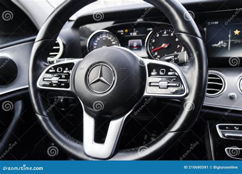 Dashboard And Steering Wheel With Media Control Buttons Of A Mercedes Benz E Class Car