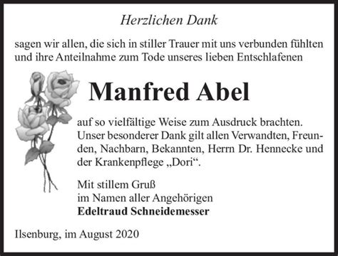 Traueranzeigen Von Manfred Abel Abschied Nehmen De