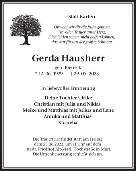 Traueranzeigen Von Gerda Hausherr Sich Erinnern De