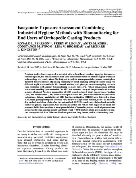 Pdf Isocyanate Exposure Assessment Combining Industrial Hygiene Methods With Biomonitoring For