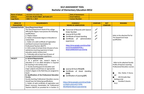 BEEd Self Assessment Tool For CHED SELF ASSESSMENT TOOL Bachelor Of