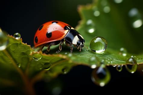 Premium Ai Image Ladybug Sitting On A Leaf With Dew Drops