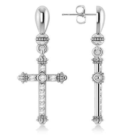 Diamond Cross Drop Earrings 14k White Gold 025ctw Az104