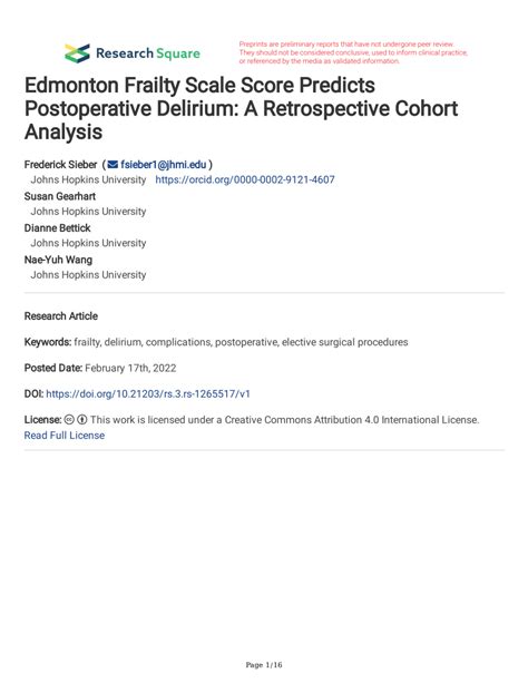 Pdf Edmonton Frailty Scale Score Predicts Postoperative Delirium A