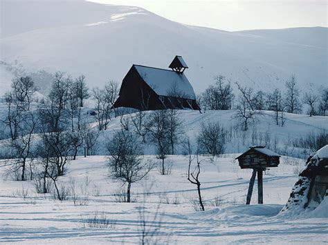 Brown Wooden Shed House Mountains Snow Log Hut Mail Box Hd