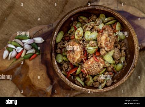 Stir Fried Bitter Beans Sator With Shrimp In Wooden Bowl It Is A