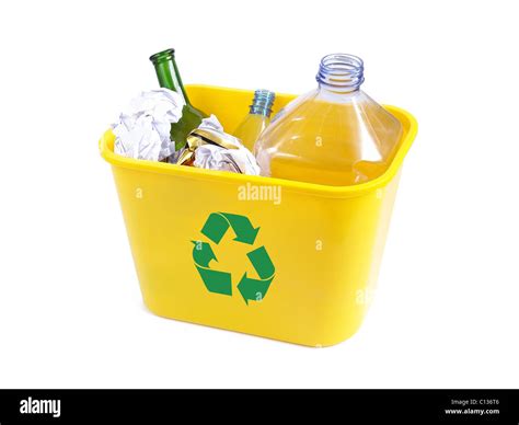 Yellow Plastic Garbage Bin With Green Recycle Symbol Containing Empty