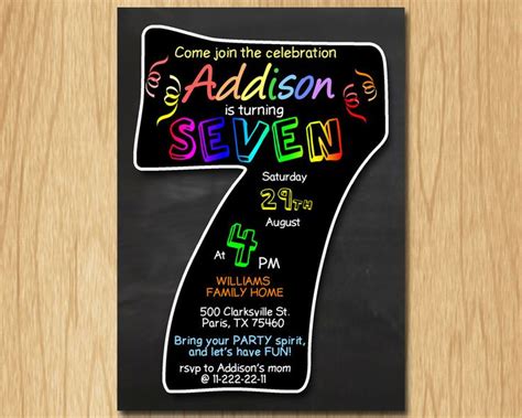 7th Birthday Invitation Chalkboard Invite Rainbow Colors Seventh