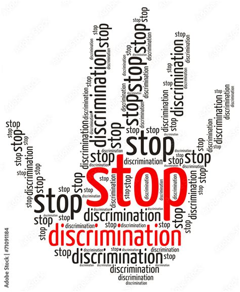 Stop Discrimination Word Cloud In The Shape Of A Palm Isolated Stock