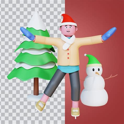 Pessoa de personagem de renderização 3D boneco de neve e árvore de