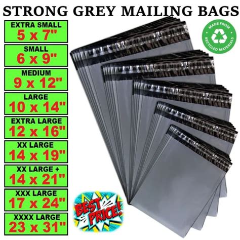 Grey Mailing Postage Bags Mixed Sizes Large Strong Poly Self Seal