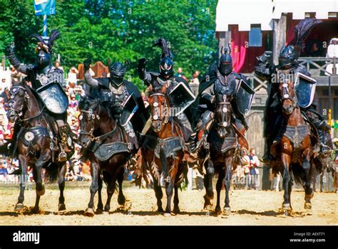 Knights On Horse Holding Lance Flag In Tournament Medieval Festival