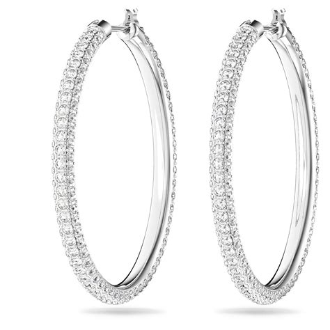 Stone Hoop Earrings Pavé Large White Rhodium Plated Swarovski