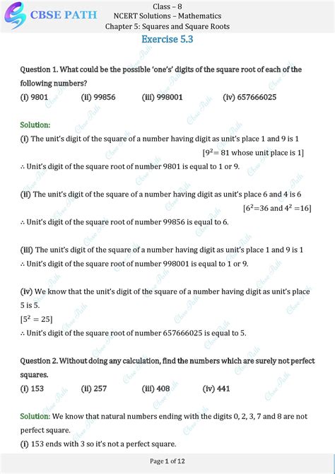 Ncert Solutions For Class 8 Maths Exercise 5 3 Squares And Square Roots