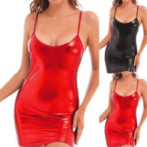 Robe Bodycon Rouge Brillant Pour Femmes Look Humide Robe Courte Avec