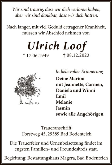 Traueranzeigen Von Ulrich Loof Az Trauer De