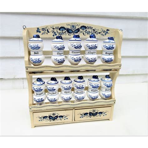 1950s Blue Onion China Spice Jars With Wood Spice Rack Blue White