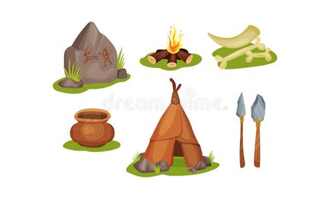 Stone Age Hunting Weapons With Stick And Spear Vector Set Stock Vector