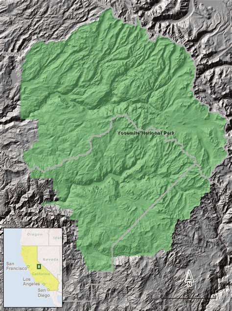 A Map Of Yosemite National Park Boundary Green Overlain On A 10 M