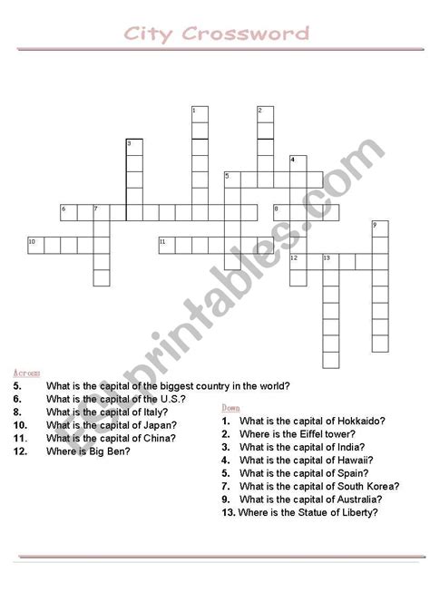 English Worksheets Capital City Crossword