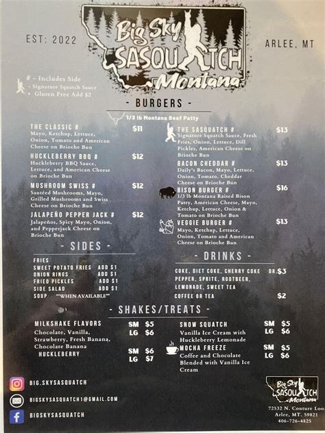 Menu At Big Sky Sasquatch Restaurant Arlee