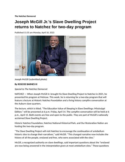 Pdf Joseph Mcgill Jrs Slave Dwelling Project Returns To Natchez For