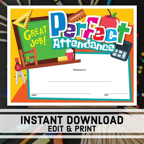 Perfect Attendance Certificate Instant Download Printable | Etsy