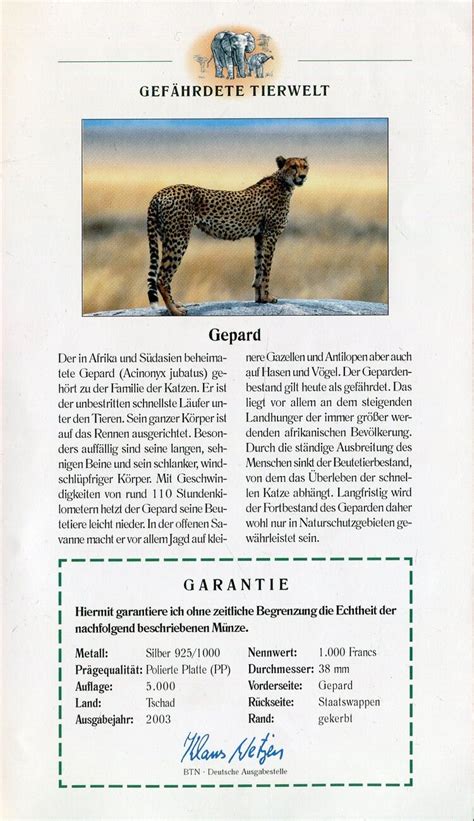 Tschad Chad 1000 Francs 2003 Gefährdete Tierwelt Gepard Proof with