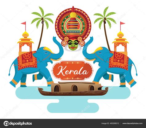 Indian Kerala Design Houseboat Kathakali Face Decorated Elephant Vector