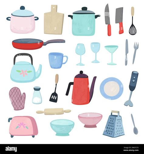 Kitchenware Collection Set Of Dishes Cookware And Glassware Hand Drawn Vector Elements