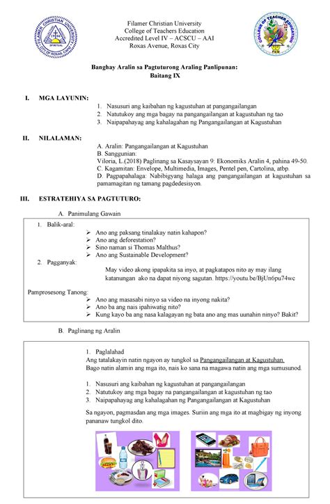 Lesson Plan Pangangailangan At Kagustuha Compress Filamer Christian