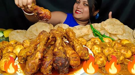 Asmr Eating Spicy Chicken Leg Piece Curry Egg Roast Puri Luchi Green Chilli Youtube