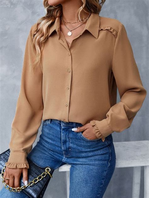 Shein Frill Trim Button Front Shirt En Ropa Blusas Bonitas De