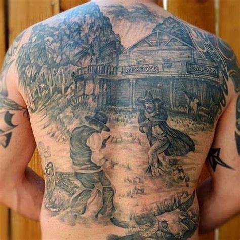 Brilliant Cowboy Scene Western Tattoo On Full Back Western Tattoos